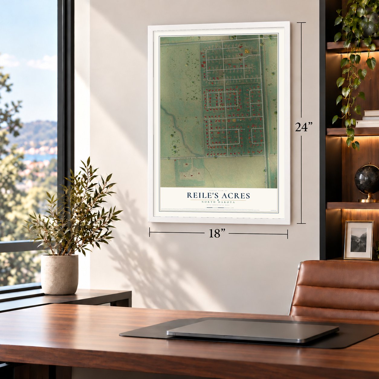Reile's Acres, North Dakota map, 18 x 24 inch print in a white frame in a home office