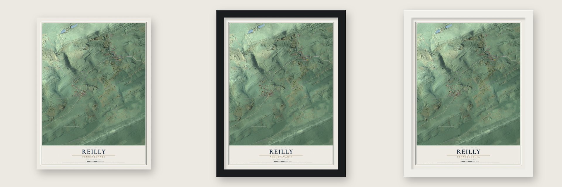 Reilly, Pennsylvania map unframed, in a black wood frame and in a white wood frame
