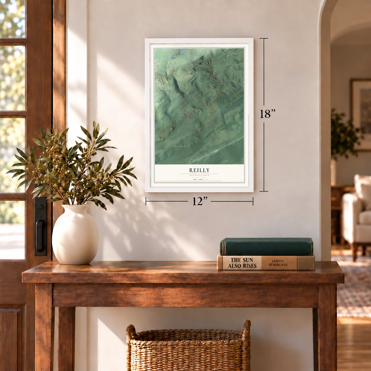 Reilly, Pennsylvania map, 12 x 18 inch print in a white frame in an entryway