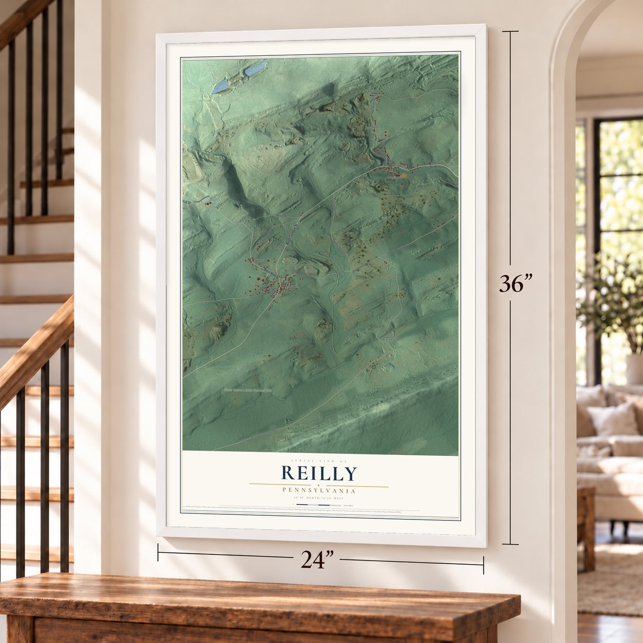 Reilly, Pennsylvania map, 24 x 36 inch print in a white frame by a staircase