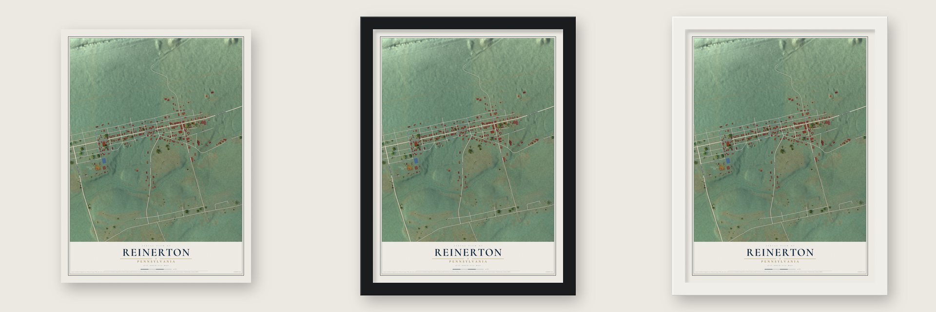 Reinerton, Pennsylvania map unframed, in a black wood frame and in a white wood frame