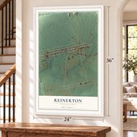 Reinerton, Pennsylvania map, 24 x 36 inch print in a white frame by a staircase