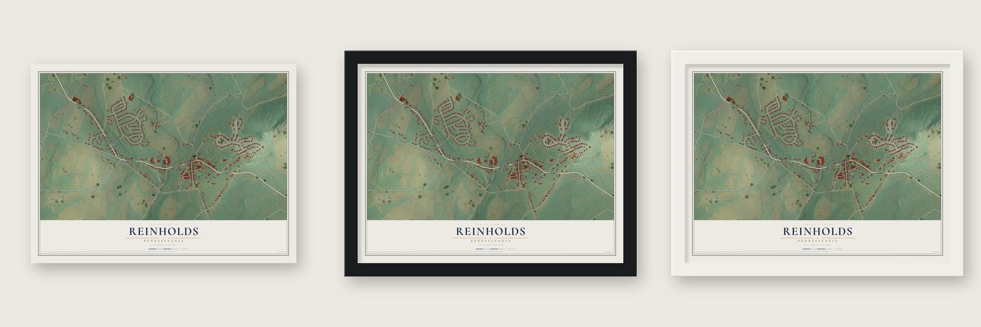 Reinholds, Pennsylvania map unframed, in a black wood frame and in a white wood frame