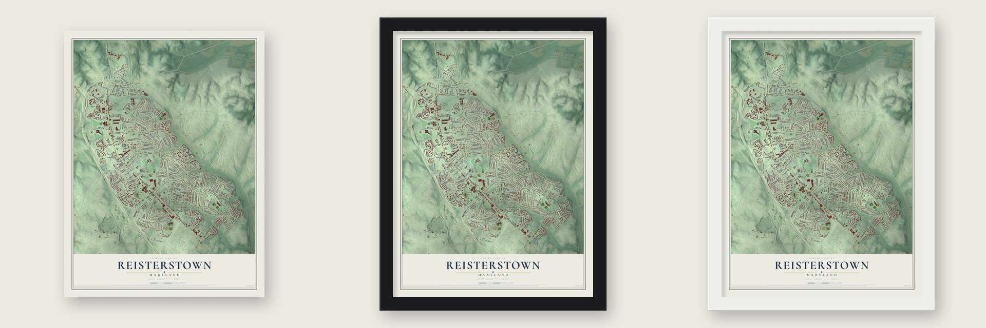 Reisterstown, Maryland map unframed, in a black wood frame and in a white wood frame