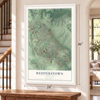 Reisterstown, Maryland map, 24 x 36 inch print in a white frame by a staircase