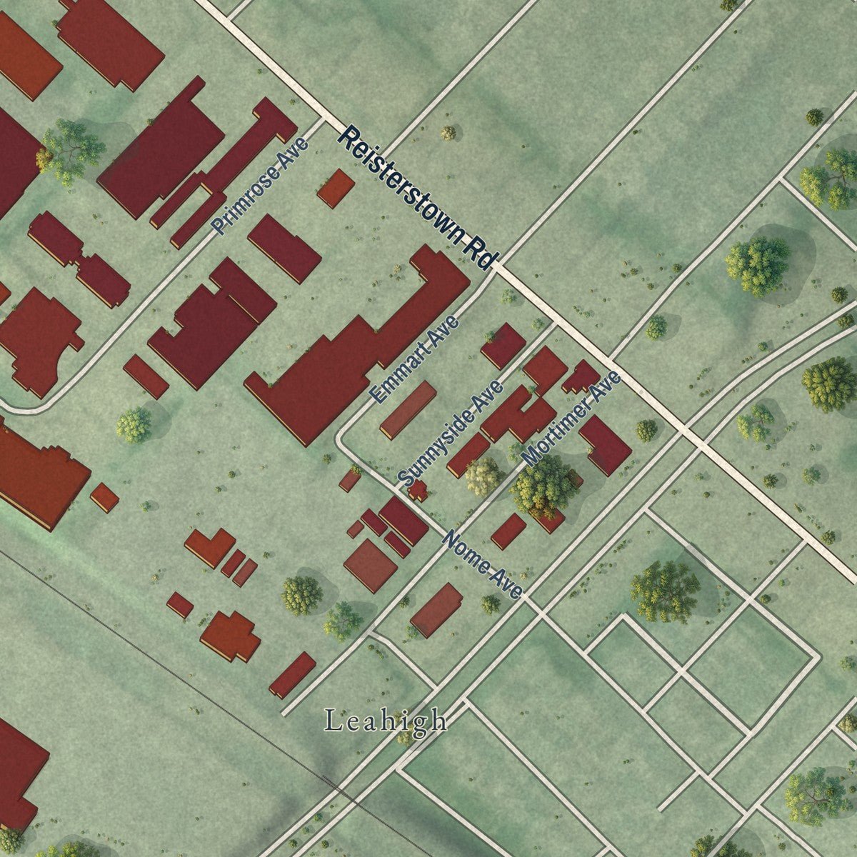 Second close-up of the map of Reisterstown Station, Maryland print showing more streets and buildings
