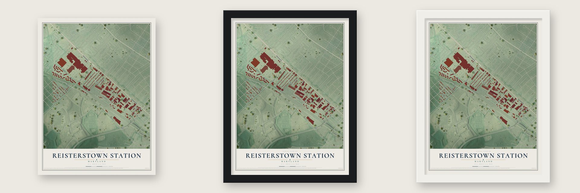 Reisterstown Station, Maryland map unframed, in a black wood frame and in a white wood frame