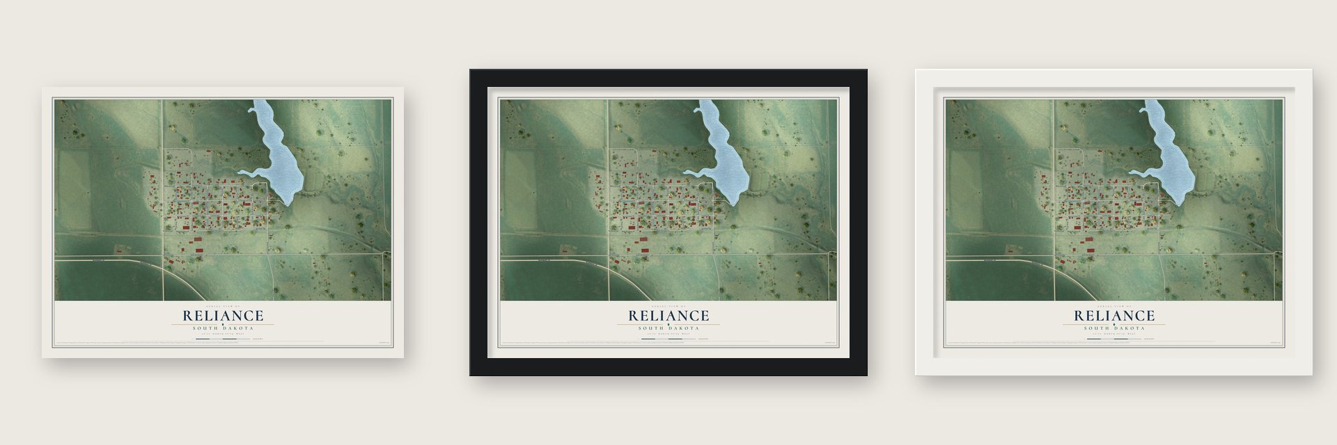 Reliance, South Dakota map unframed, in a black wood frame and in a white wood frame