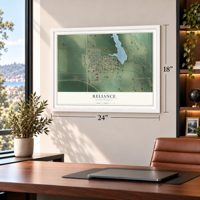 Reliance, South Dakota map, 18 x 24 inch print in a white frame in a home office