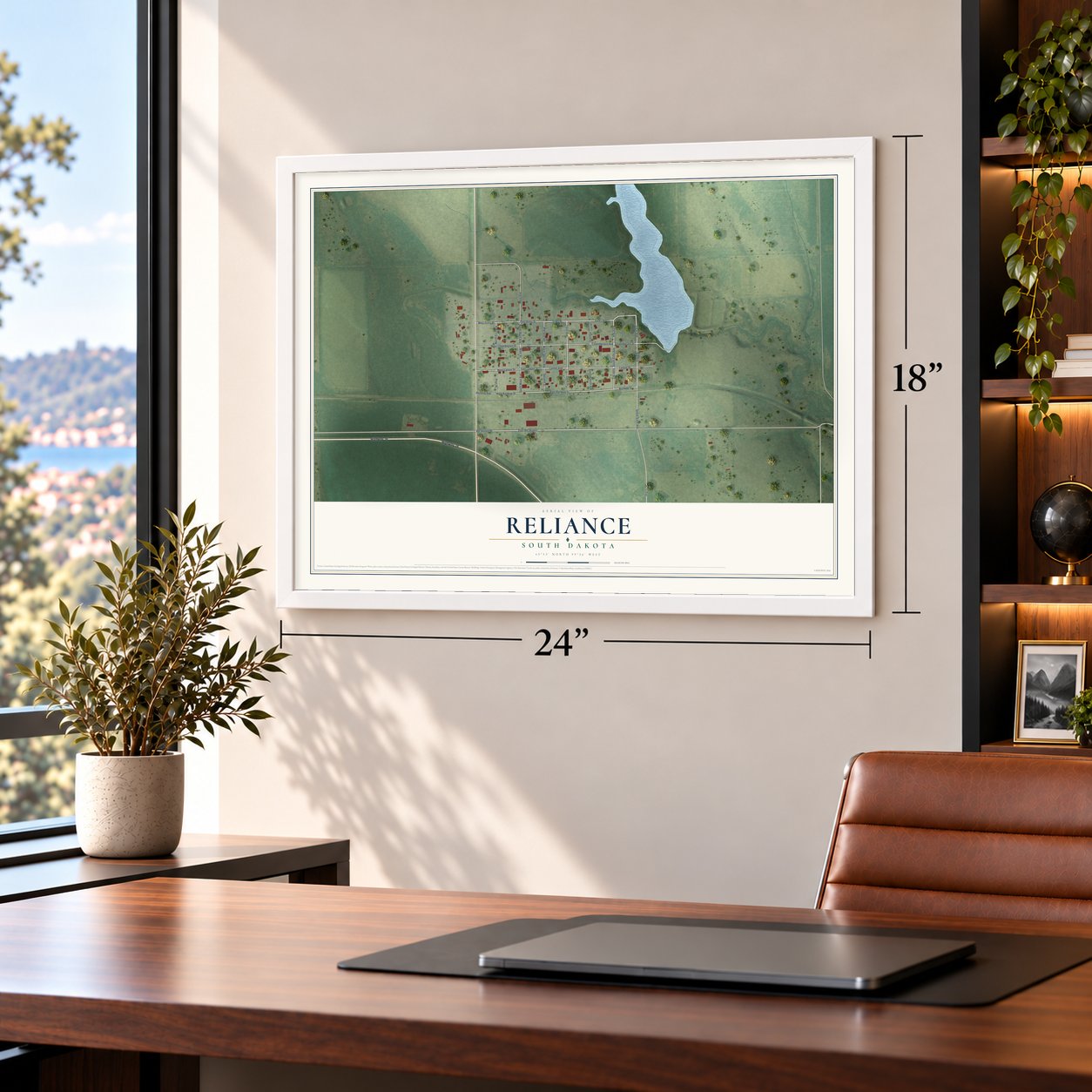 Reliance, South Dakota map, 18 x 24 inch print in a white frame in a home office