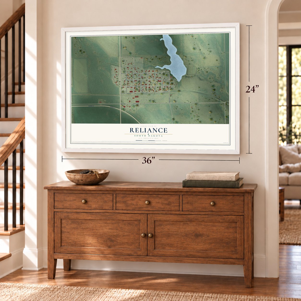 Reliance, South Dakota map, 24 x 36 inch print in a white frame above a dresser by a staircase