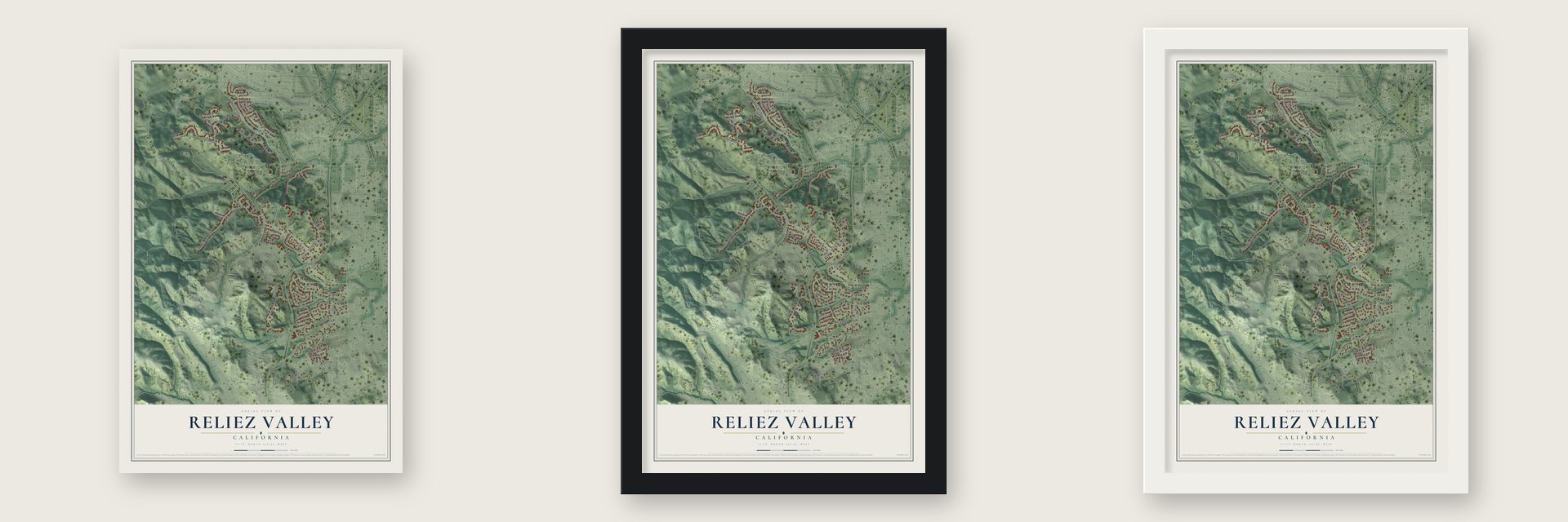 Reliez Valley, California map unframed, in a black wood frame and in a white wood frame