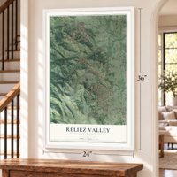 Reliez Valley, California map, 24 x 36 inch print in a white frame by a staircase