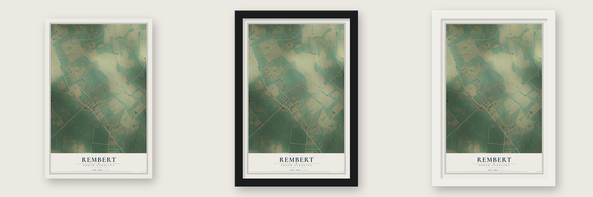 Rembert, South Carolina map unframed, in a black wood frame and in a white wood frame