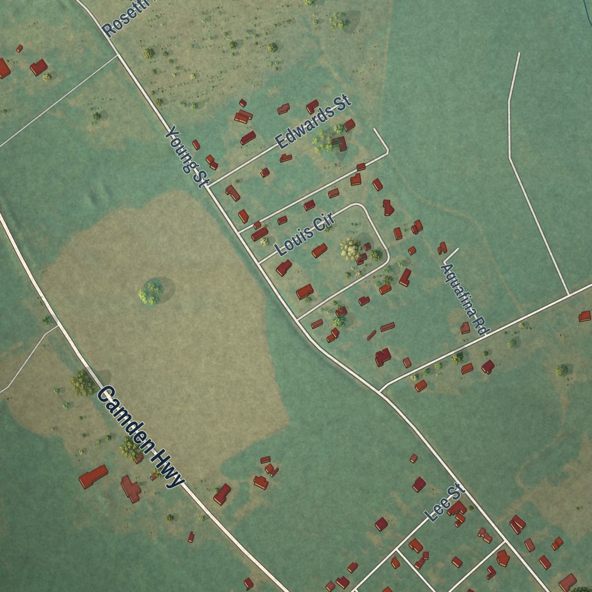 Second close-up of the map of Rembert, South Carolina print showing more streets and buildings