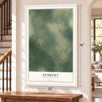 Rembert, South Carolina map, 24 x 36 inch print in a white frame by a staircase