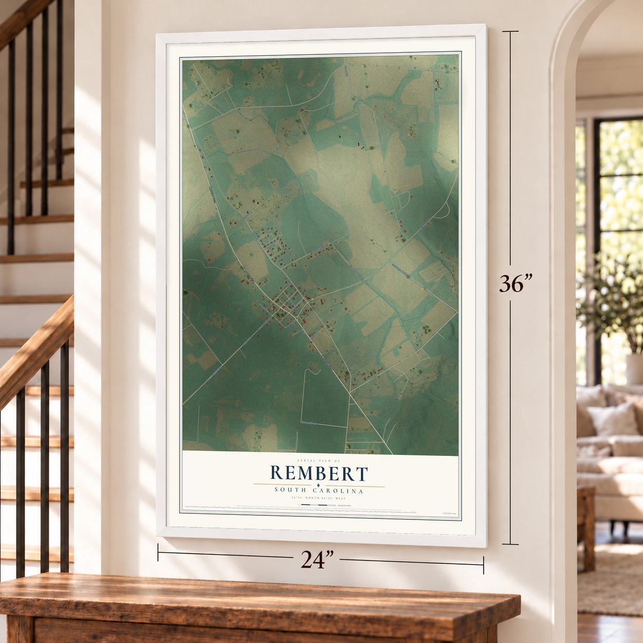 Rembert, South Carolina map, 24 x 36 inch print in a white frame by a staircase