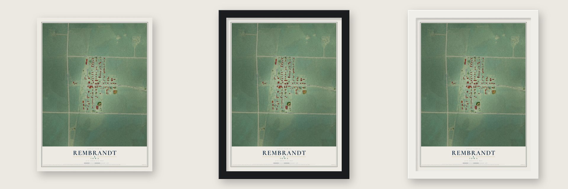 Rembrandt, Iowa map unframed, in a black wood frame and in a white wood frame