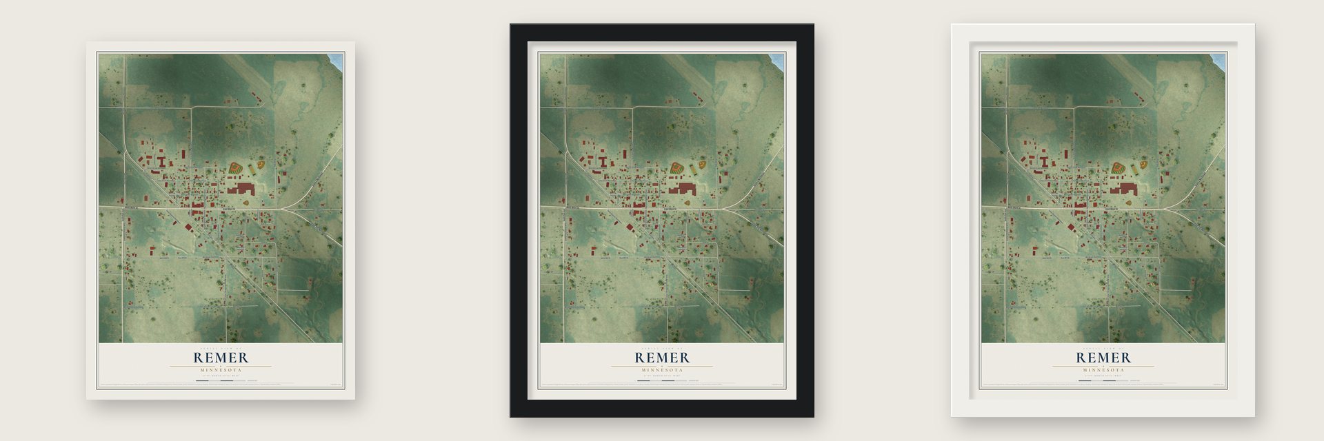 Remer, Minnesota map unframed, in a black wood frame and in a white wood frame