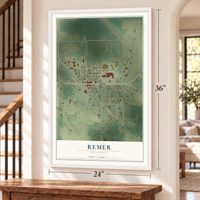 Remer, Minnesota map, 24 x 36 inch print in a white frame by a staircase