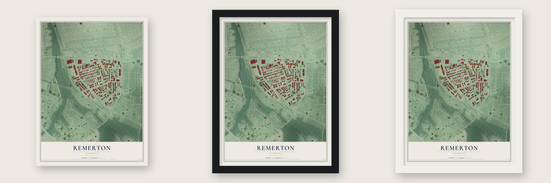 Remerton, Georgia map unframed, in a black wood frame and in a white wood frame
