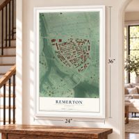 Remerton, Georgia map, 24 x 36 inch print in a white frame by a staircase