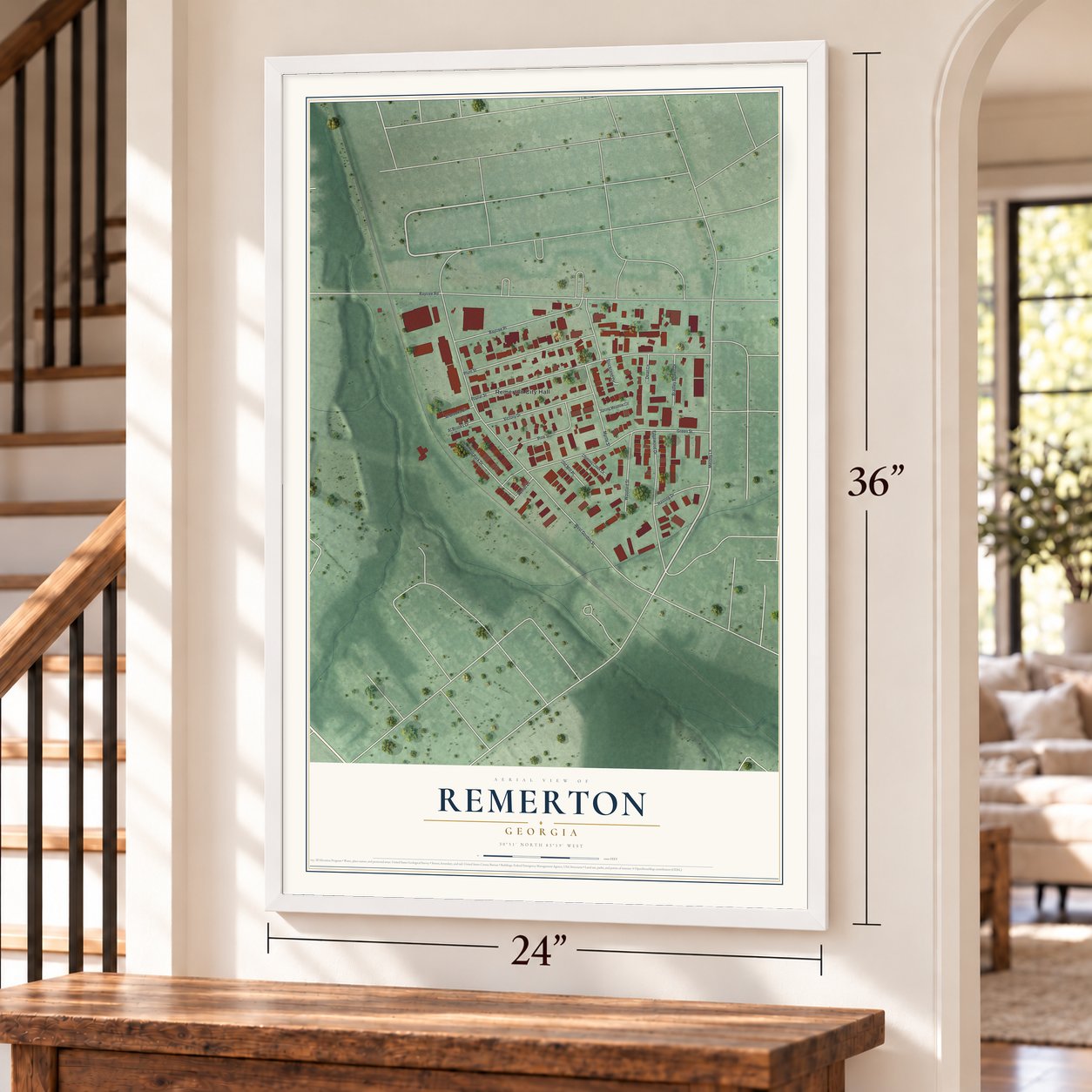 Remerton, Georgia map, 24 x 36 inch print in a white frame by a staircase