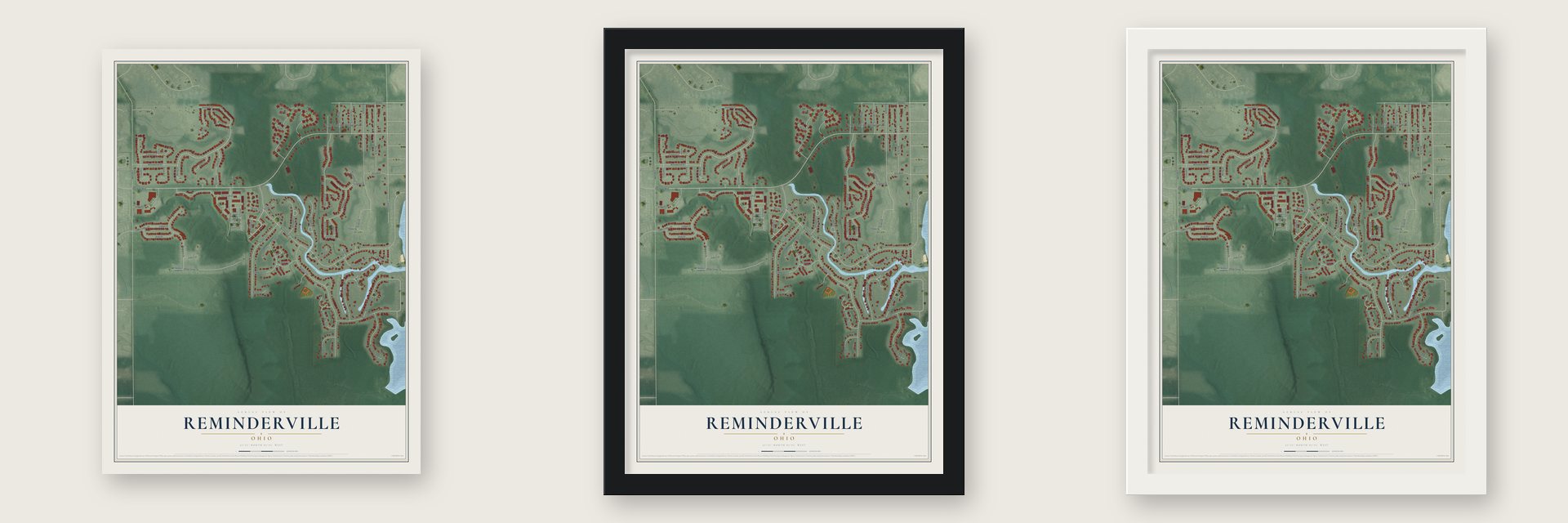 Reminderville, Ohio map unframed, in a black wood frame and in a white wood frame