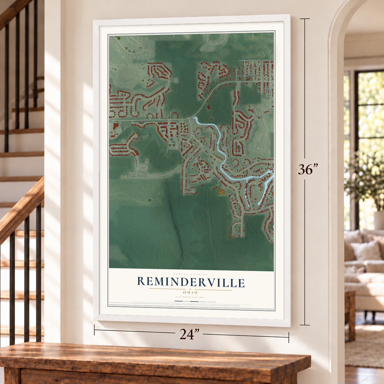 Reminderville, Ohio map, 24 x 36 inch print in a white frame by a staircase