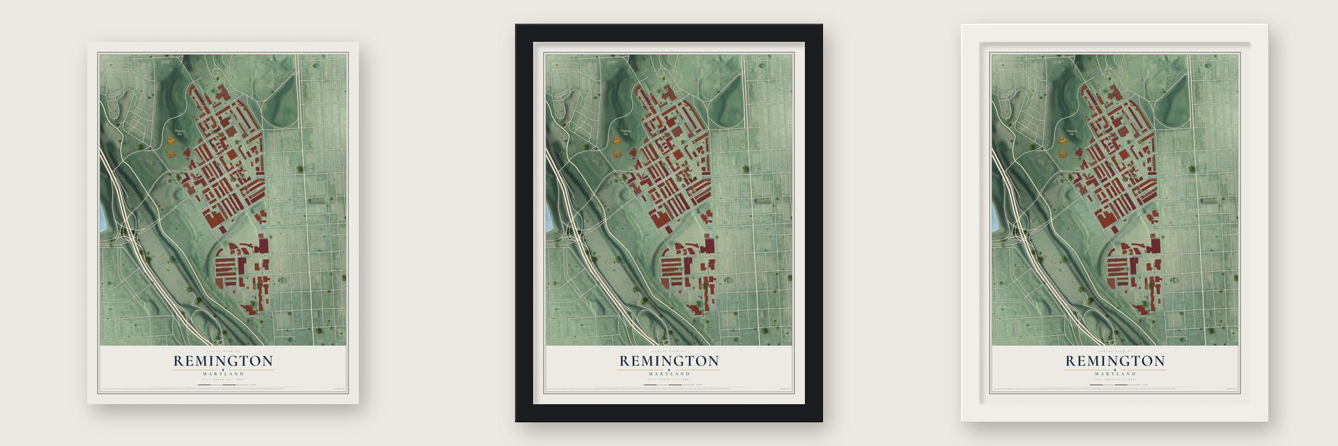 Remington, Maryland map unframed, in a black wood frame and in a white wood frame