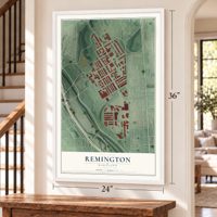 Remington, Maryland map, 24 x 36 inch print in a white frame by a staircase