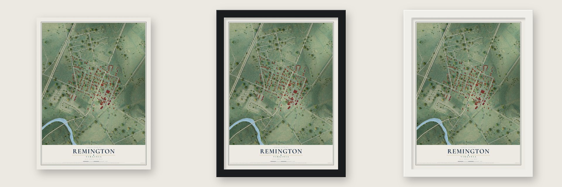 Remington, Virginia map unframed, in a black wood frame and in a white wood frame