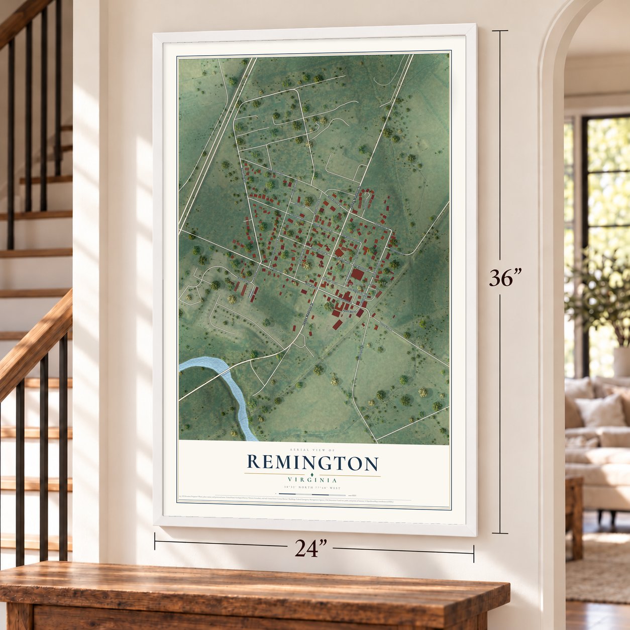 Remington, Virginia map, 24 x 36 inch print in a white frame by a staircase