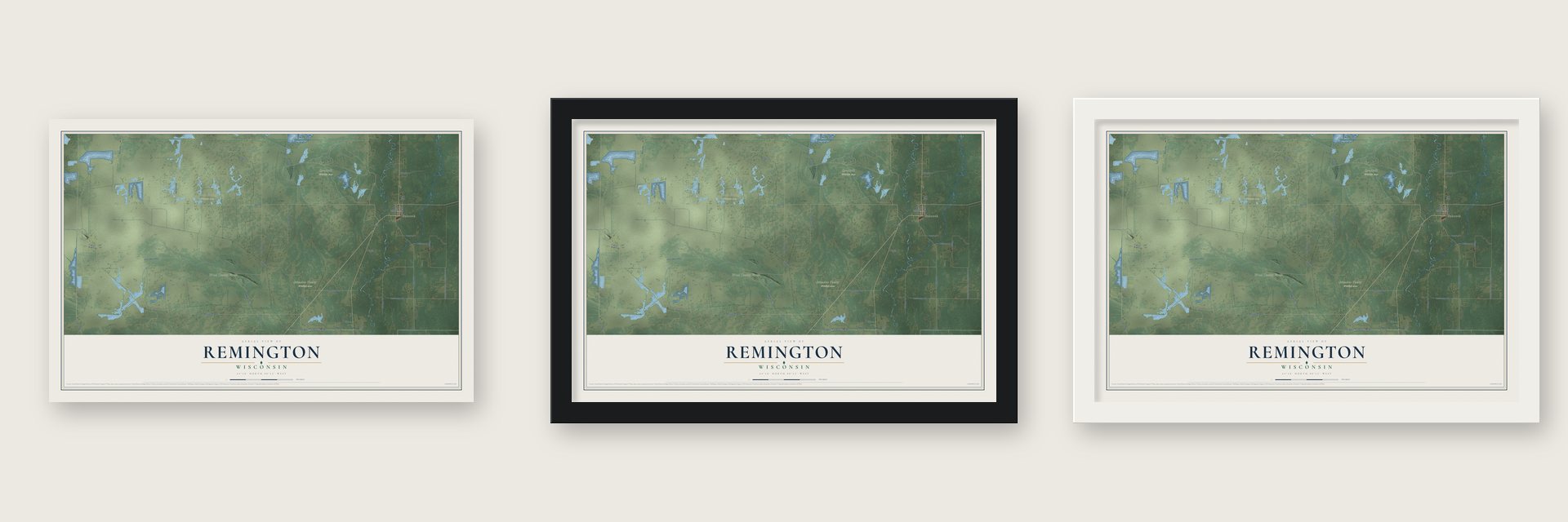 Remington, Wisconsin map unframed, in a black wood frame and in a white wood frame