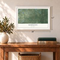 Remington, Wisconsin map, 12 x 18 inch print in a white frame in an entryway