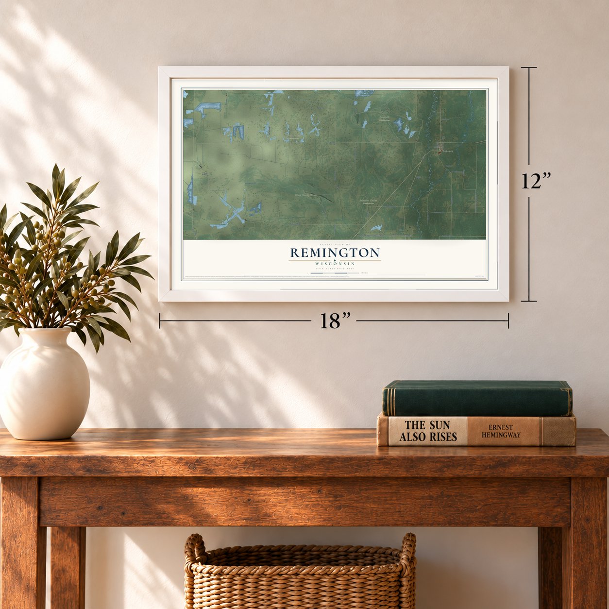 Remington, Wisconsin map, 12 x 18 inch print in a white frame in an entryway