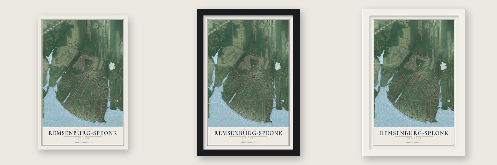 Remsenburg-Speonk, New York map unframed, in a black wood frame and in a white wood frame