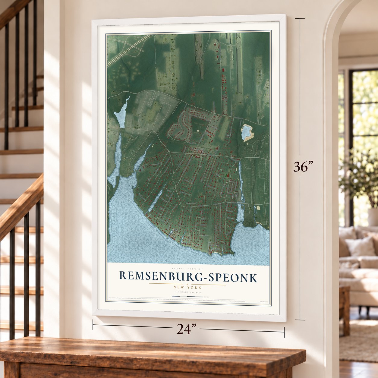 Remsenburg-Speonk, New York map, 24 x 36 inch print in a white frame by a staircase