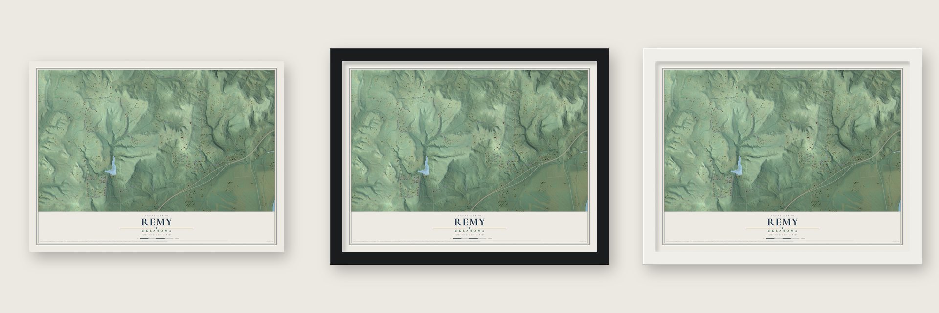 Remy, Oklahoma map unframed, in a black wood frame and in a white wood frame