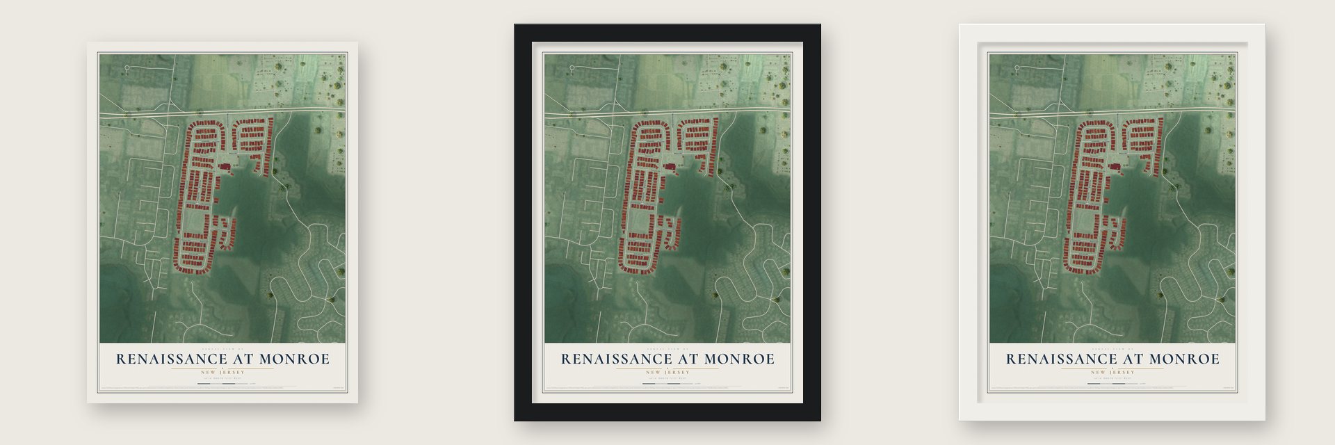 Renaissance at Monroe, New Jersey map unframed, in a black wood frame and in a white wood frame