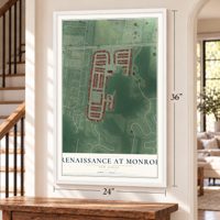 Renaissance at Monroe, New Jersey map, 24 x 36 inch print in a white frame by a staircase