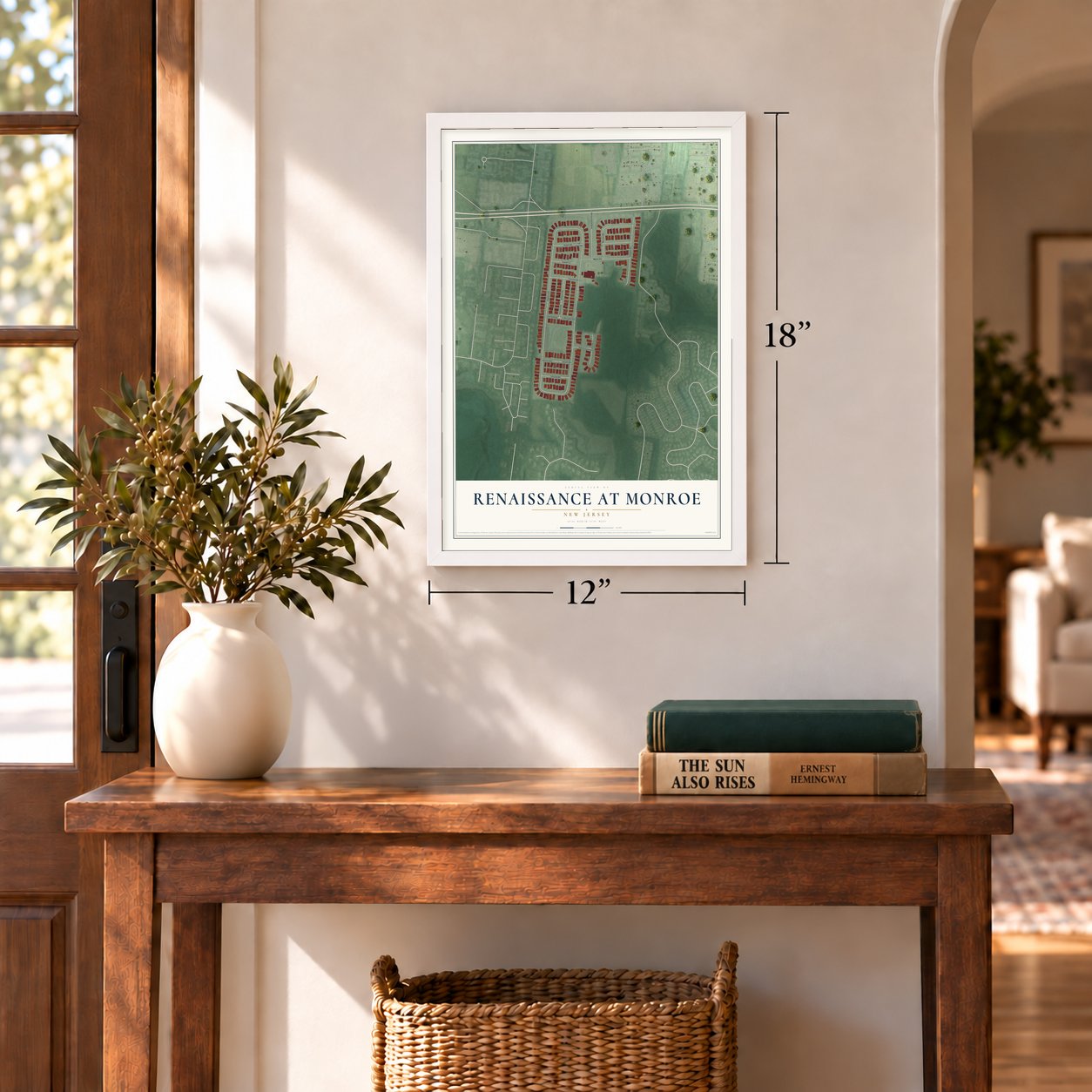 Renaissance at Monroe, New Jersey map, 12 x 18 inch print in a white frame in an entryway