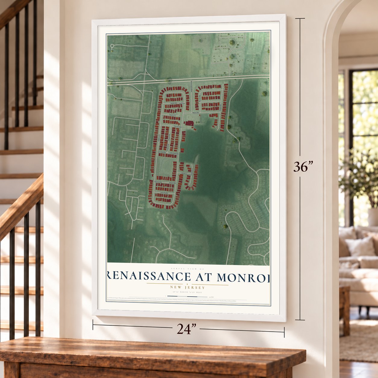 Renaissance at Monroe, New Jersey map, 24 x 36 inch print in a white frame by a staircase