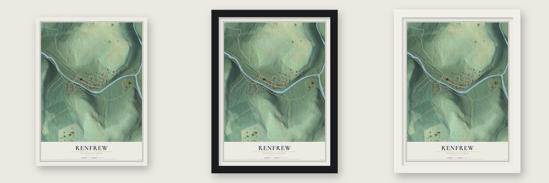 Renfrew, Pennsylvania map unframed, in a black wood frame and in a white wood frame