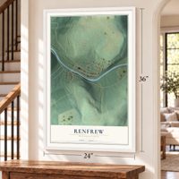 Renfrew, Pennsylvania map, 24 x 36 inch print in a white frame by a staircase