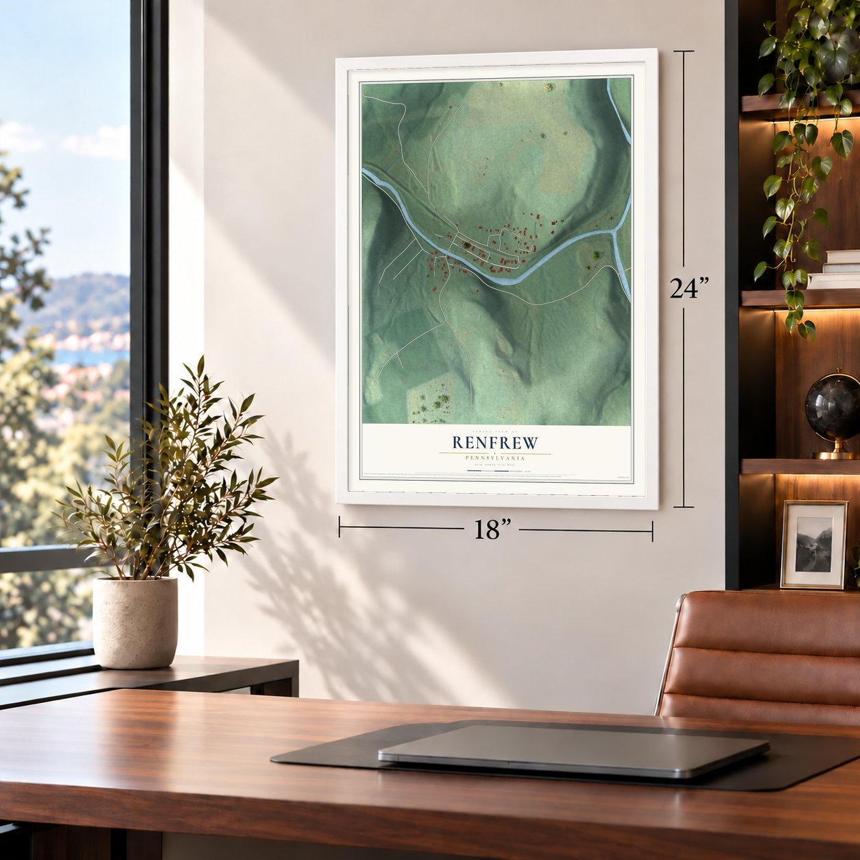 Renfrew, Pennsylvania map, 18 x 24 inch print in a white frame in a home office