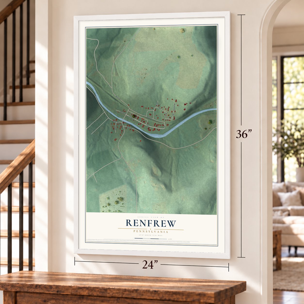 Renfrew, Pennsylvania map, 24 x 36 inch print in a white frame by a staircase