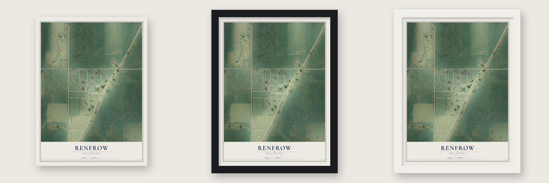 Renfrow, Oklahoma map unframed, in a black wood frame and in a white wood frame