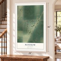 Renfrow, Oklahoma map, 24 x 36 inch print in a white frame by a staircase