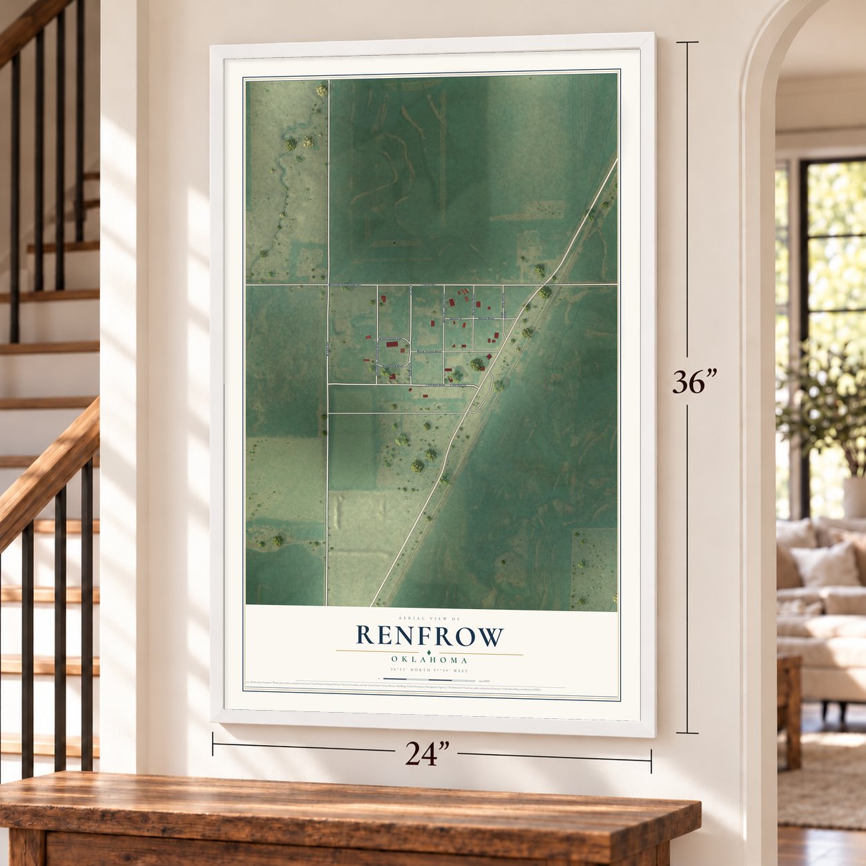 Renfrow, Oklahoma map, 24 x 36 inch print in a white frame by a staircase